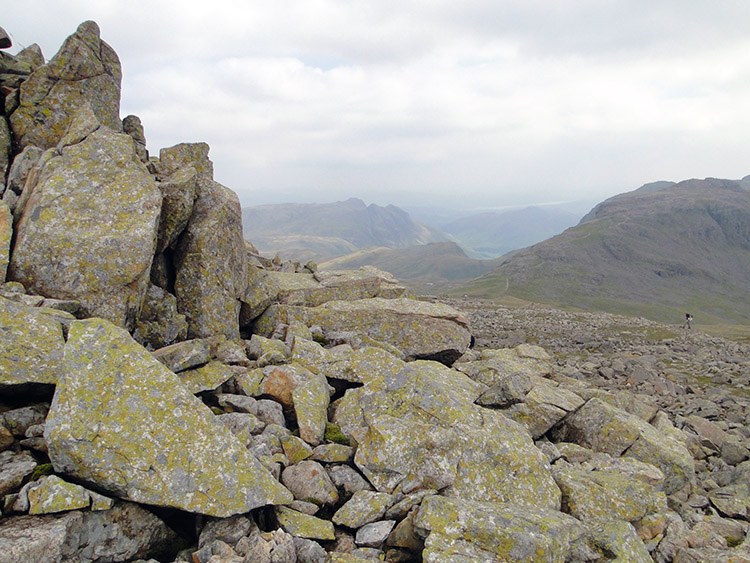 Rocky terrain and the view to Wasdale on Great End
