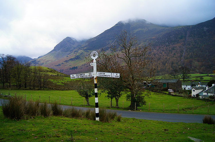 Crooked road sign in Buttermere