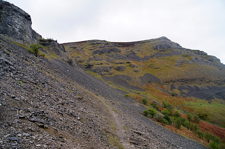 Crossing a scree slope at Eglwyseg Rocks