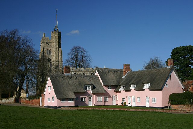 The Pink Cottages and St Mary's Church, Cavendish