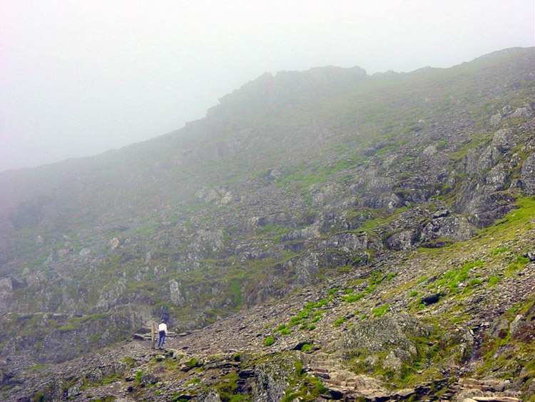 Nearing the summit of Snowdon and now in cloud